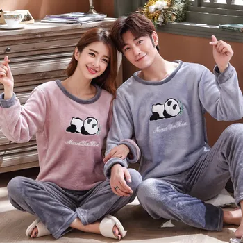 

Couples Thick Warm Cute Cartoon Panda Flannel Long Sleeve Pajamas Sets for Women Winter Coral Velvet Sleepwear Suit Men Homewear