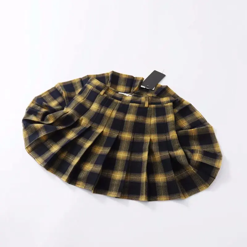 

Western Style Autumn Clothing High Quality Yellow Grid High-waisted Pleated Skirt Uniform Retro College Style Fresh Skirt