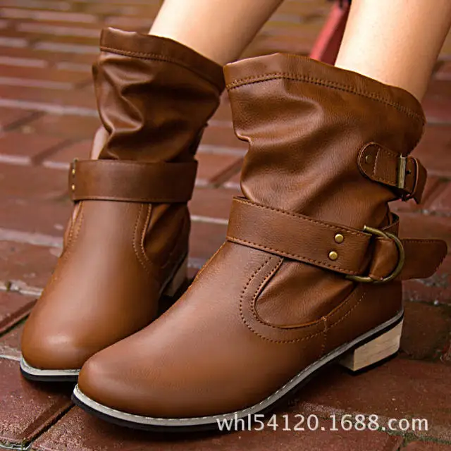 

Round Toe Buckle Women Mid Calf Boots Square Heel Lace-Up Vintage Winter Boots Med Solid Plus Size Shoes Mature Sweet