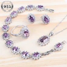 Женские аксессуары, Роскошные Ювелирные наборы, 925 Серебро Фиолетовый Цирконий, Свадебные колье, комплекты, кольцо, браслет, серьги, подвеска, ювелирные изделия