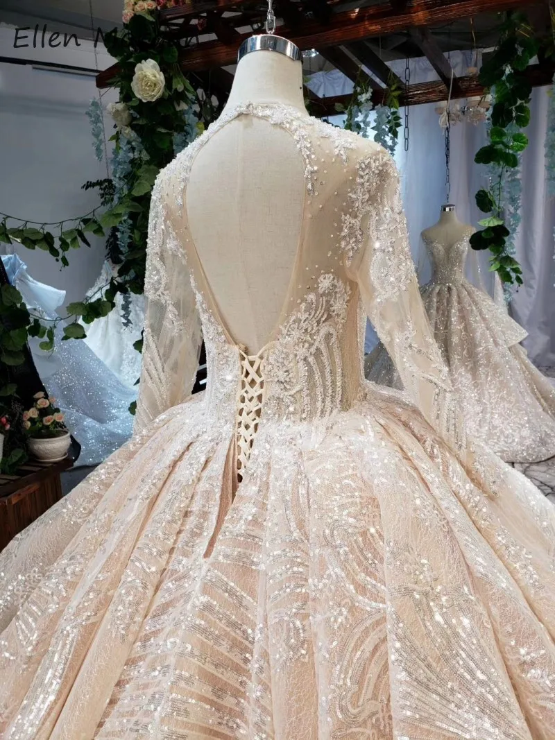 Роскошное блестящее свадебное платье Vestido De Novia,, кружевное платье с длинным рукавом, v-образный вырез, бисер, часовня, шлейф, официальное Свадебное бальное платье