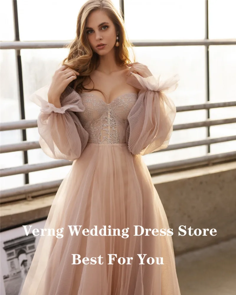 Verngo Dusty Pink Tulle A Line Sweetheart Wedding Dress With Detachable Puff Long Sleeves Garden Country 2021 Bridal Gowns
