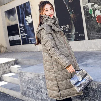 

Plaid Down Cotton Jacket Ladies Thick Cotton Coat Fashion Long Loose Winter Wild Jackets 2019 New Parkas Keep Warm Outerwear