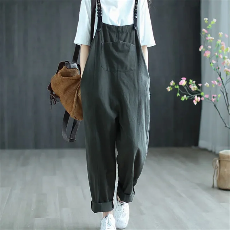 2023 New Literary Retro Overalls Women Spring Summer Woven Shoulder Width Loose Casual Strap Pants Female Cotton Linen Jumpsuit