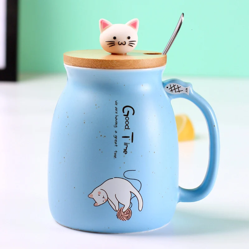 Креативные цветные термостойкие керамические кружки с изображением кота из мультфильма Mok с крышкой, объемом 450 мл, чашки с изображением котенка, кофейные кружки, Детские офисные кружки, подарок для питья
