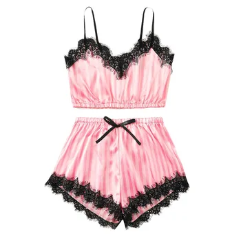 

New Sexy solid sleepwear for Women V-Neck Silk Lace Satin Striped Camisole Pajamas Ladies Lingeries cute Sleepwear Shorts Set