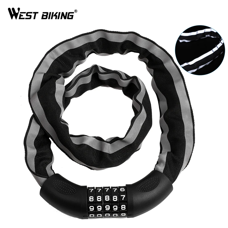 

WEST BIKING Reflective Bike Chain Lock Upgrade 5-Digit Password Bike Lock Motorcycle Cycling Security Anti-Theft Bicycle Lock