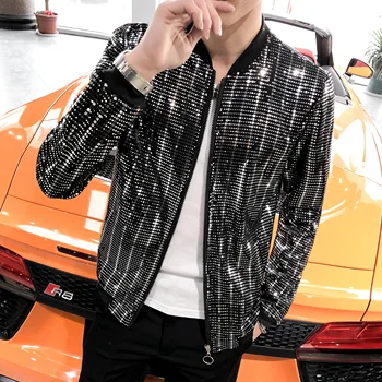 

Fashion Shiny Sequins Bomber Jacket Men Summer youth clothes chaqueta hombre Night Club Stage Streetwear Windbreaker Jacket