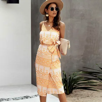 

Free Shipping Cotton Dress Women Printed Summer Slip Sundress Sexy Backless Sleeveless Beach Midi Clothes For Women