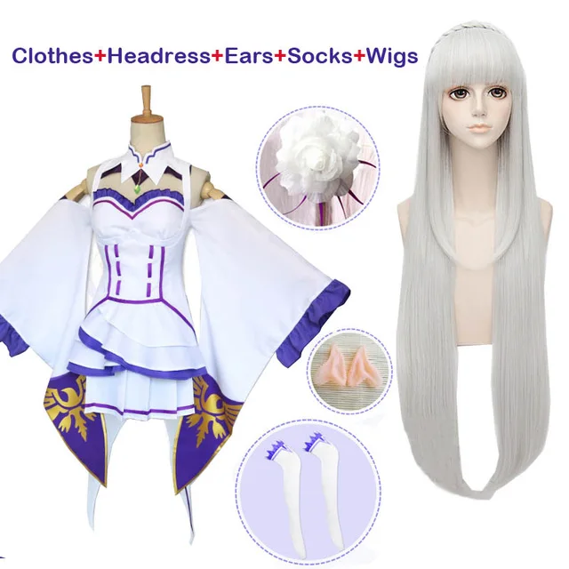 Синий Японское аниме Re: Zero Hajimeru Isekai Seikatsu Emilia женский костюм для косплея головной убор эльф Уши Косплей - Цвет: Синий