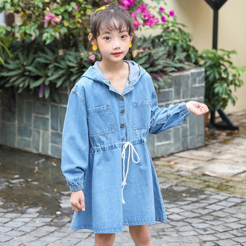 DFXD/повседневное джинсовое платье для девочек; хлопковые джинсовые платья с длинными рукавами и капюшоном для От 5 до 16 лет; платье принцессы в Корейском стиле для девочек-подростков; vestidos