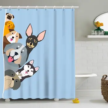 

Fabric Shower Curtain for Kids Boys Girls Dogs Lovers Peekaboo Cute Curious Cartoon Puppy, Huskie, Pug, 12 Hooks " x " Machine