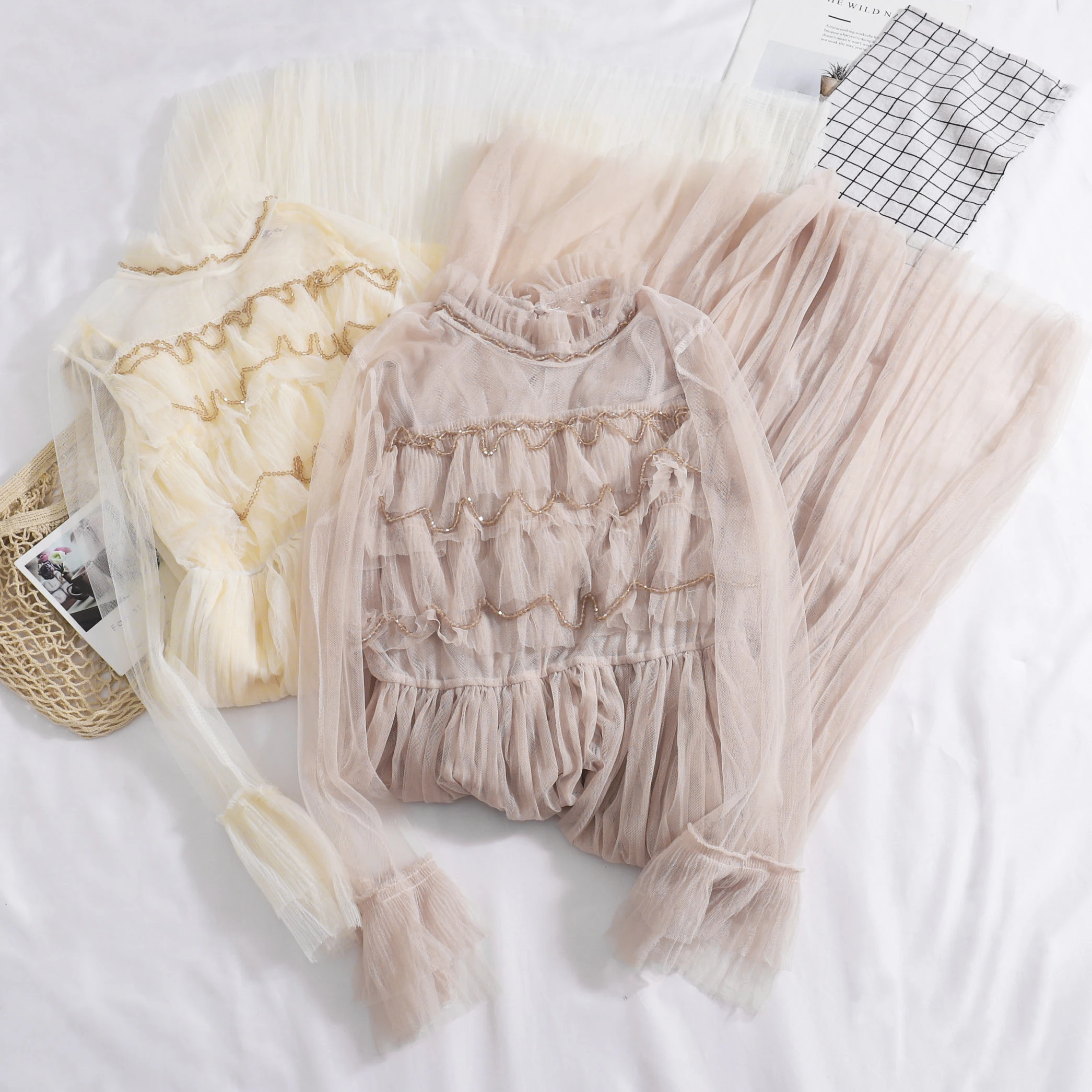 

2PCS Elegant Women Autumn Flare Sleeve Pleated Mesh Gauze Bead Layers Ruffles Dress Vintage Elastic Slim Tulle Party Midi Dress