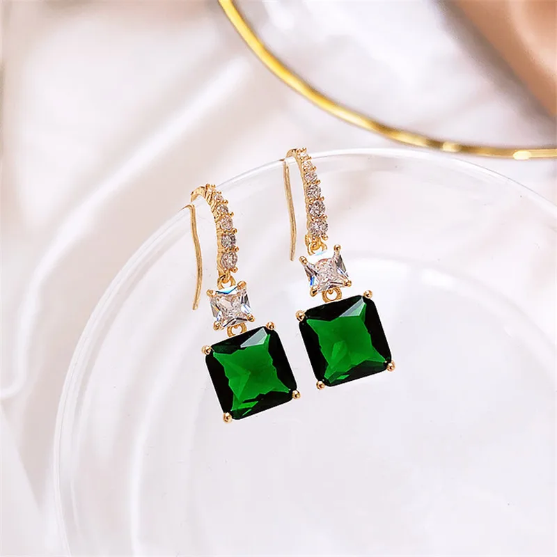 FYUAN, циркониевые геометрические Висячие серьги для женщин, Bijoux, изысканные зеленые квадратные висячие серьги с кристаллами, массивные серьги, подарки