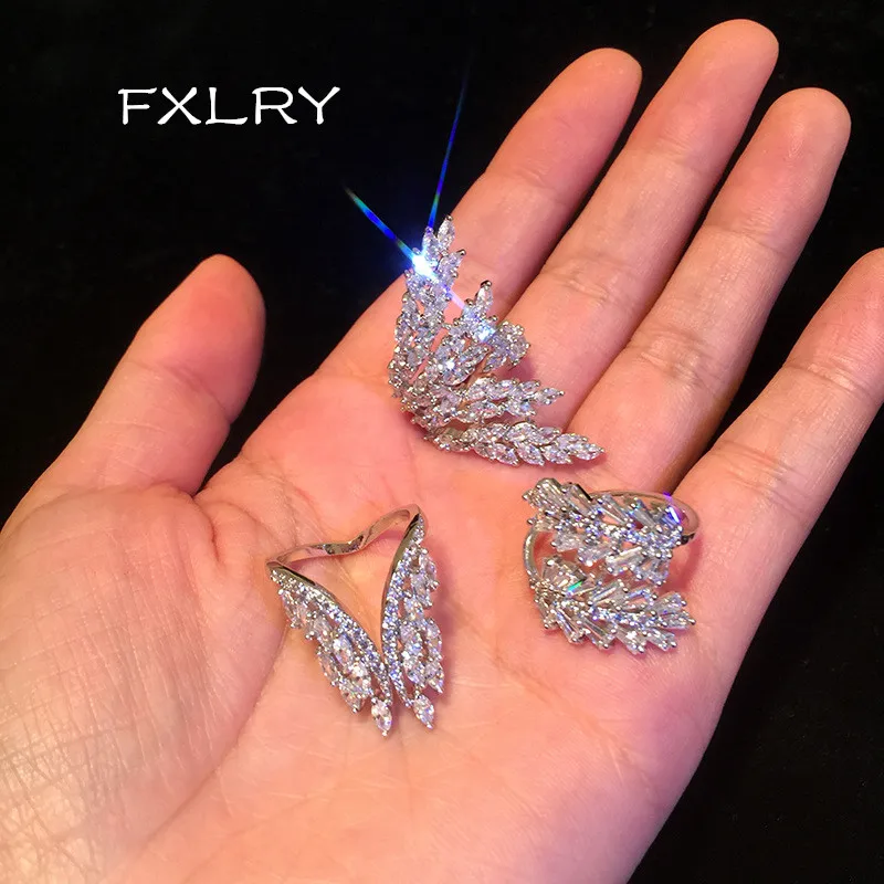 Женские открытые кольца FXLRY креативные белые с крыльями и блестящим кристаллом