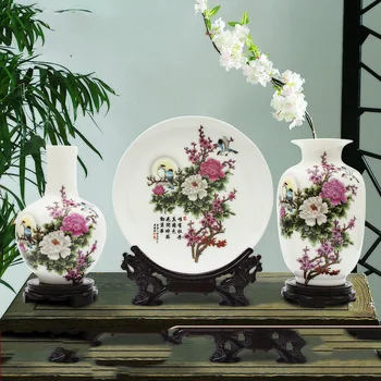 

Chinese Jingdezhen Ceramic Vase+fake Flowers Ornaments Set Fengshui Home Livingroom Table Figurines Crafts Decoration Office Art