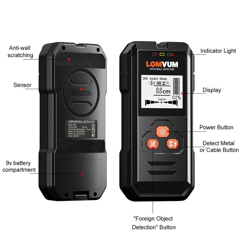 LOMVUM Metal Detector Backlit Black AC Wood Stud Finder Cable Wires Depth Tracker Undeground Sturs Wall Scanner LCD HD Display