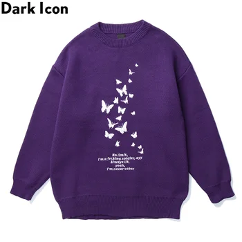 

Dark Icon Butterfly Embroidery Sweater Men Round Neck Pullover Men's Sweater