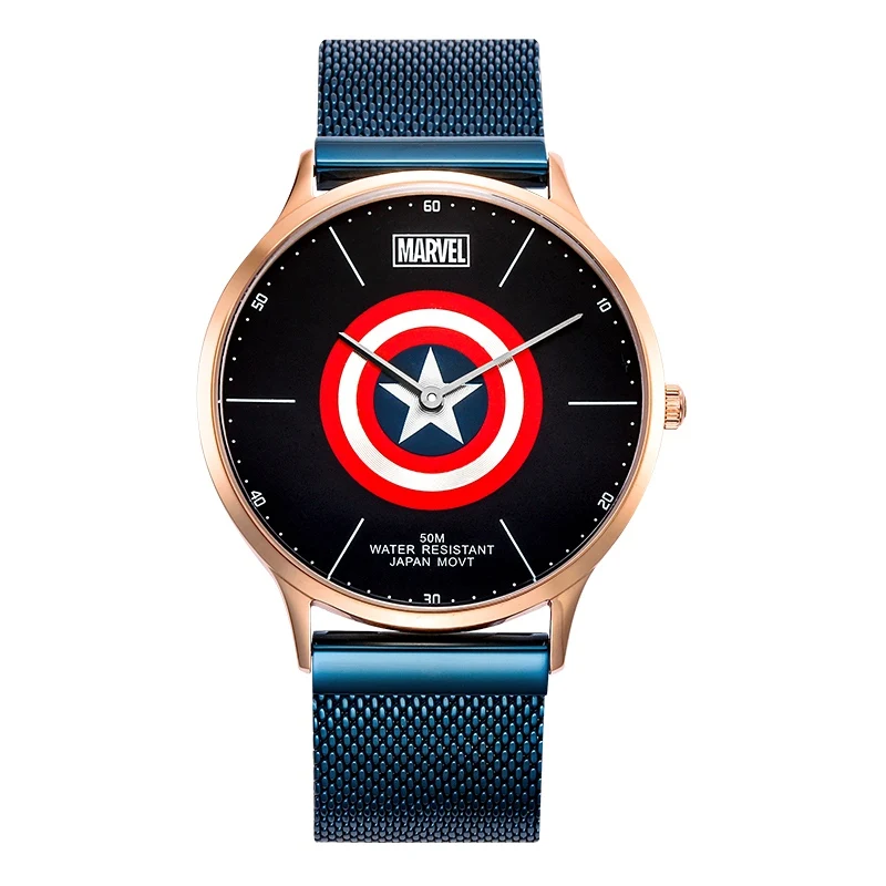 Синий Marvel Мстители Капитан Америка мужские из нержавеющей стали Milanese Mesh Band 5ATM водонепроницаемые японские кварцевые часы подарок для мужчин время - Цвет: Синий