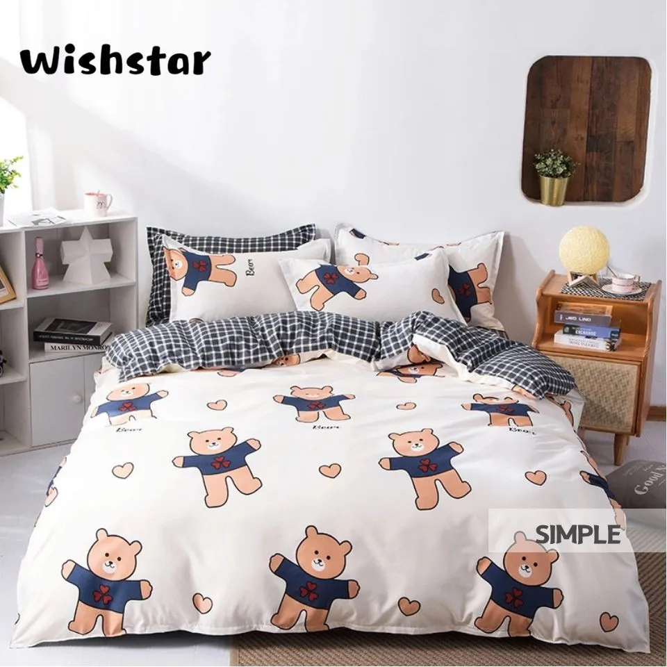 Wishstar/детское постельное белье с рисунком медведя из мультфильма, милый животный узор, пододеяльник в клетку, простыня, наволочка, одинарный двойной комплект постельного белья для мальчиков и девочек