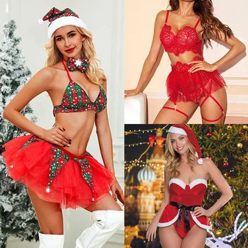 

3 Piece Sets Christmas New Women Sexy Lingerie Bow Bra Feather Hat Miniskirt Top Pajamas Female Clothing