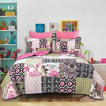 

Summer Quilt/Comforter Soft Floral Print Quilted Bedspread Blanket Plaid Patchwork Bed Cover Quilts (With Pillowcase) 3pcs Sets