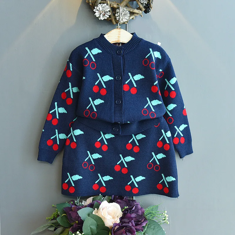 

Girls Knitted Suit Children 2021 New spring Autumn Cherry Knitted Cardigan + Short Skirt Two-piece clothing Set