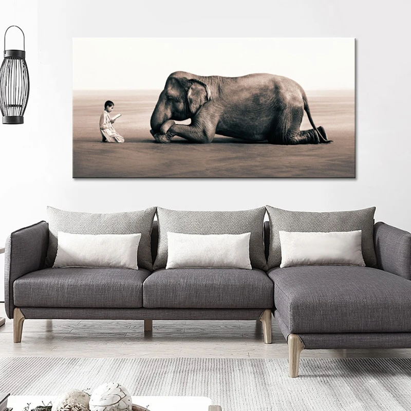 Читатель маленький мальчик и прослушиватель плакаты слона и репродукции, настенное искусство холст картины дзен для декора гостиной без рамки