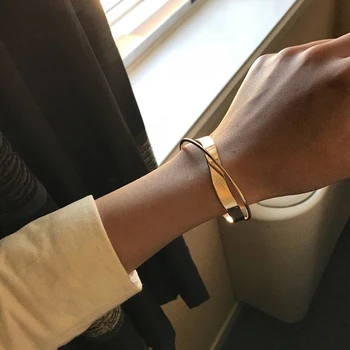 Glossy Double Layer Geometric Irregular Cross Ripple Opening Wristband Jewelry Bangle