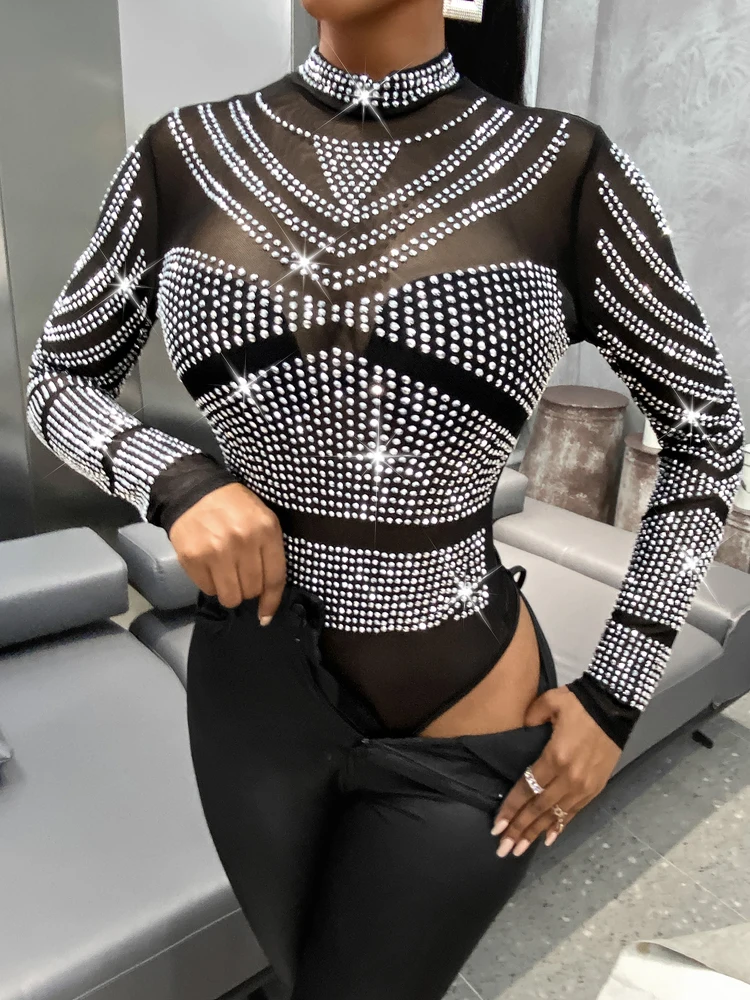 Women Sexy Mesh Transparent Glitter Rhinestone Long Sleeve Bodysuits corset bodysuit