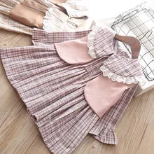 Г. Платье для девочек; весенние Хлопковые Платья принцессы в клетку; платье+ жилет; одежда из 2 предметов; детская одежда для девочек; осенний костюм