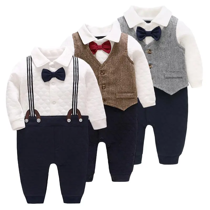 Famuka/зимняя одежда для малышей утепленный комплект джентльмена из 2 предметов для новорожденных мальчиков; комбинезон с галстуком-бабочкой+ жилет; праздничное платье на день рождения для малышей комбинезон для мальчиков