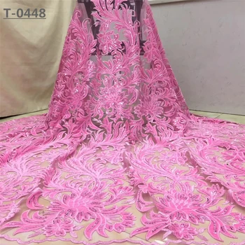 

New Arrival Pink Sequins Lace Fabrics African Nigerian Tulle Mesh Lace Fabric for Wedding Velvet Lace Fabrics with Sequins