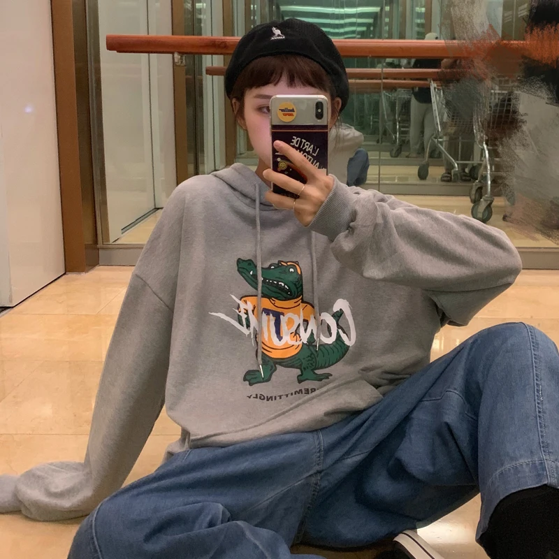 Hoodies Women Hoody Thick Plus Velvet Cartoon Letter Print Loose Pockets Oversize Womens Hoodie Leisure Harajuku Sudadera Mujer