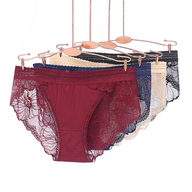 ZJX 3Pcs/set Seamless Panties Women Sexy Lace Thong Ice Silk Lingerie