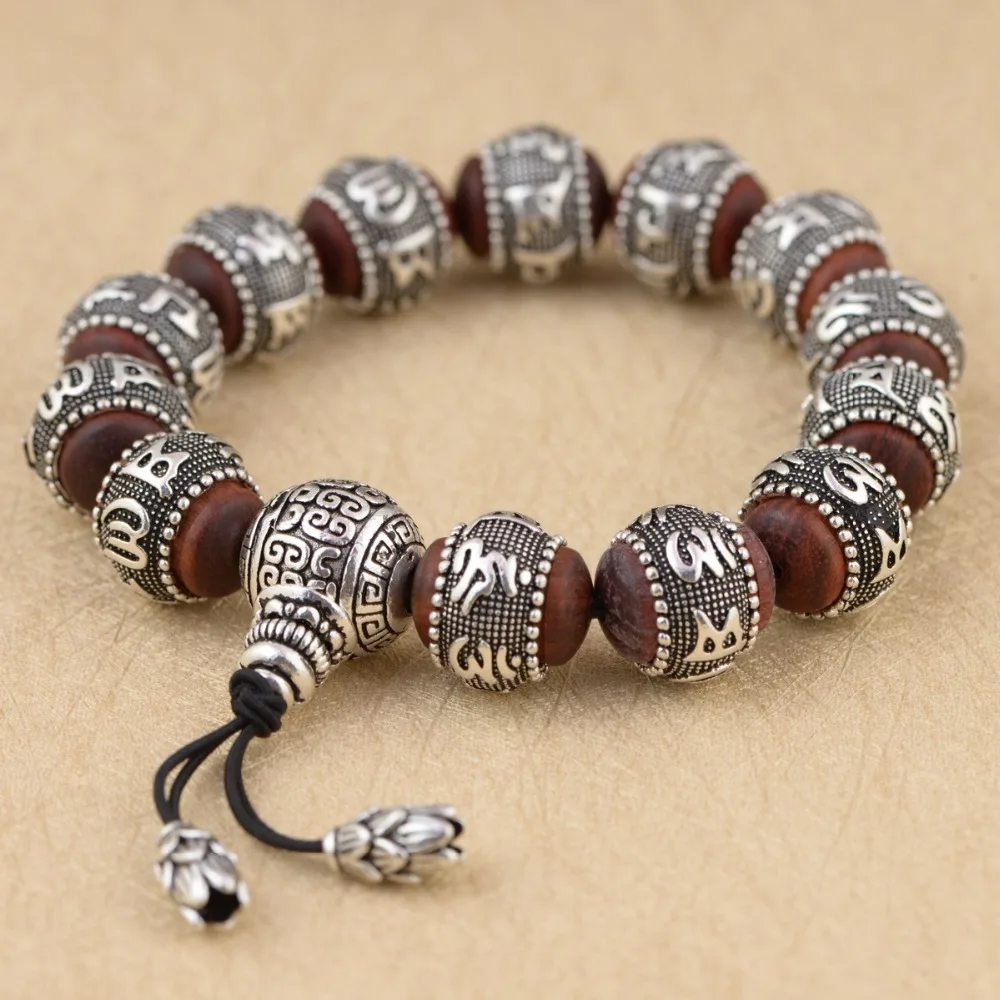 

New 100% 925 Silver colour Sandalwood Traditional Tibetan Buddhism Bracelet Six Words Mantras Antiqued Metal Amulets Beads Men's