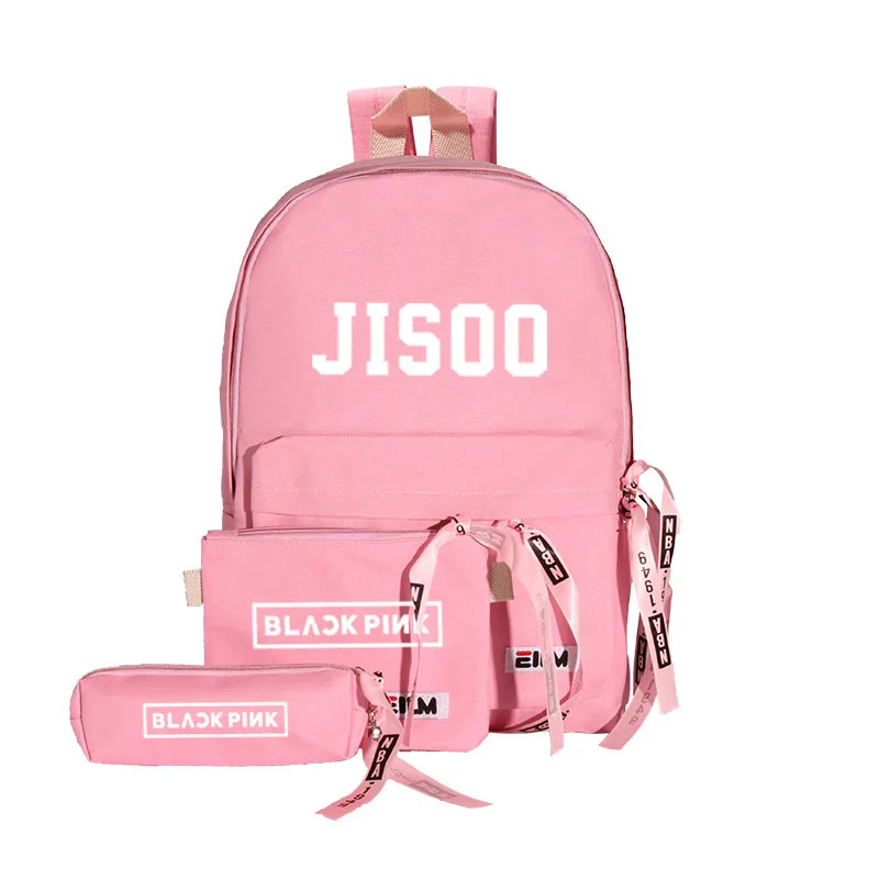 JISOO Модный черный рюкзак Kpop, 3 шт./компл., женский холщовый рюкзак, Jennie Jisoo, школьные сумки для девочек-подростков, черный, розовый - Цвет: JISOO