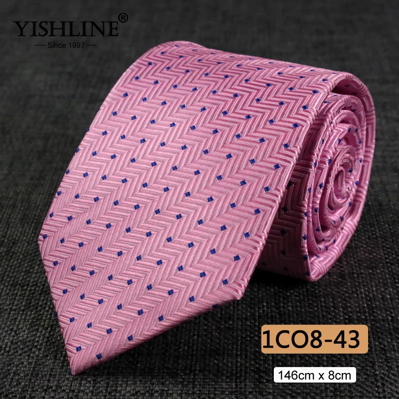 1CO8-43 YISHLINE, распродажа, 8 см, мужские галстуки, классический галстук, синий, для мужчин, в полоску, в клетку, серый, розовый, деловой галстук для жениха, свадебные аксессуары - Цвет: 1CO8-43