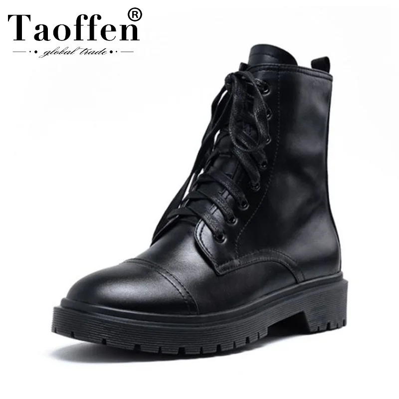 

Taoffen Women Genuine Leather Ankle Boots Black Sexy Winter Punk Lace Up Motorcycle Boots Daily Thick Sole Footwear Size 34-40