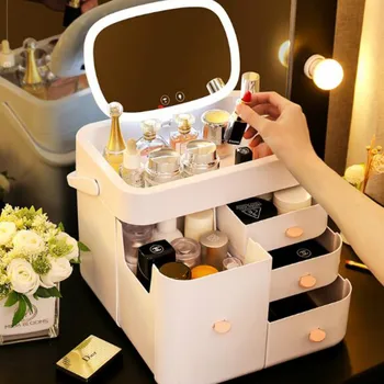 

With led mirror cosmetic storage box home dressing table skin care products dormitory large capacity desktop rack LB1083