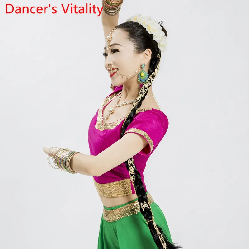 

Women Indian Dance Practice Clothes Short Sleeve Sequin Top 5 Colors Oriental Belly Dancing Performance Costume Cropped Top