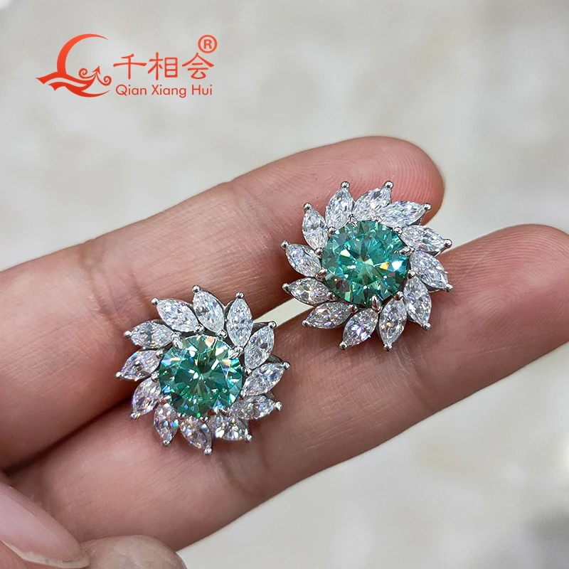 

big sun flower s925 silver earrings 8mm blue color round shape white marquise shape moissanite Earring Studs Jewelry For Women
