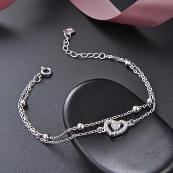 

Double Layers Beads heart Bracelets For Women 925 Sterling Silver Bangle Fit Fine Bead Charm Gift Girl Lady Drop Shipping