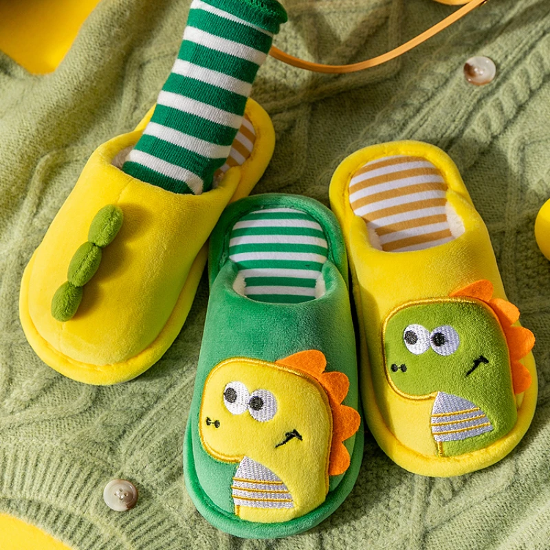 Autumn Winter Non-Slip Warm Children Slippers Indoor Cartoon Dinosaur Girl Shoes Soft Sole Baby Boys Fuzzy Slip-On Home Slippers family slippers animal slippers for girl and boy slipper fluffy shoes indoor slipper cartoon green dinosaur warm slipper