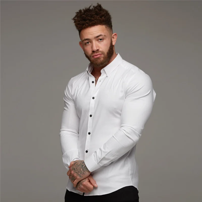 New Mens Casual Workout Fitness Sports Long-sleeved Shirt Fashion Breathable Clothing Turn-down Collar Long Sleeve  Men