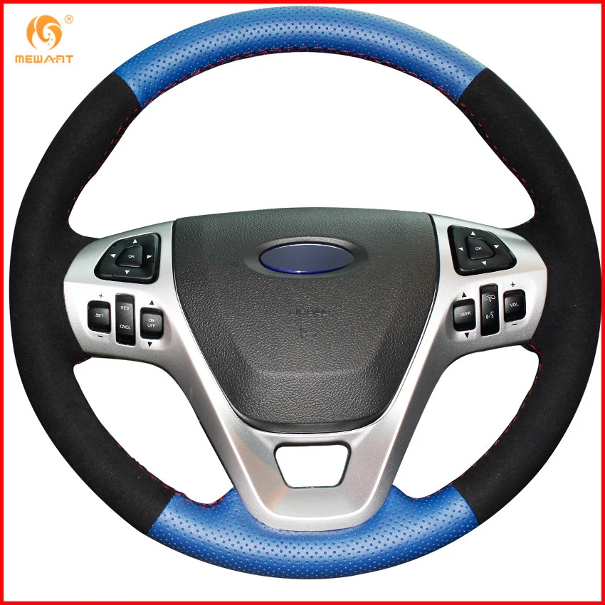 Mewant Blue Genuine Leather Black Suede Car Steering Wheel Cover For