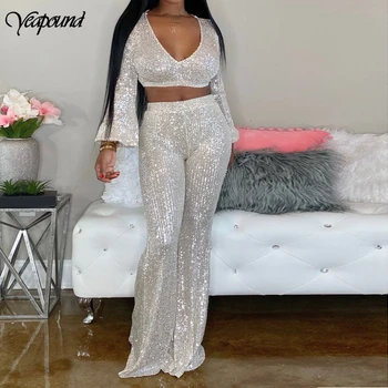 

Sequin 2 Piece Set Women Hubble-bubble Sleeve + Wide Leg Pants Winter Solid Matching Sets Outfit Two Piece Set