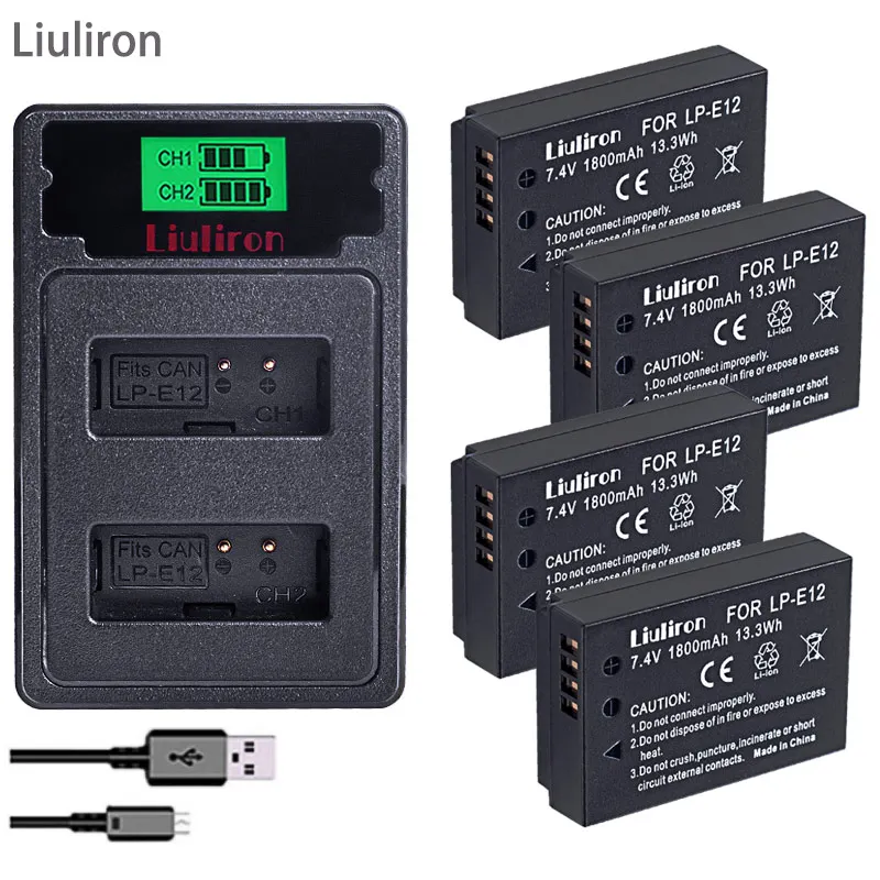 Литий ионный аккумулятор LP E12 LPE12 4 шт. 1800 мАч ЖК дисплей USB двойное зарядное