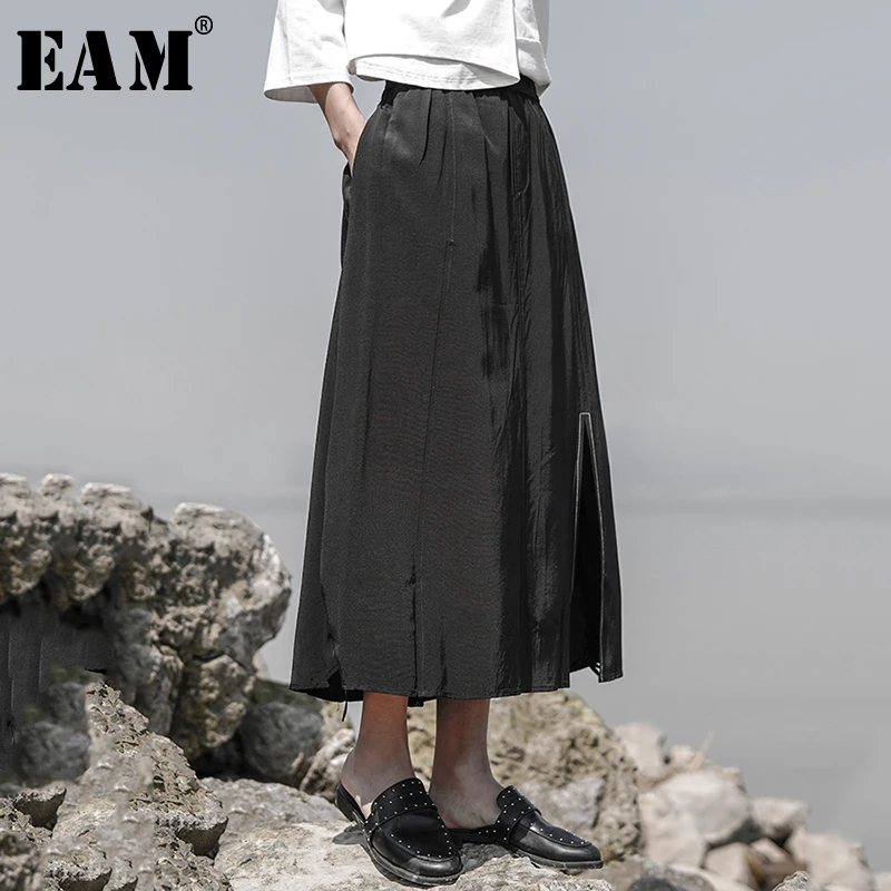 

[EAM] High Elastic Waist Black Split Joint Pocket Half-body Skirt Women Fashion Tide All-match New Spring Autumn 2019 1A735