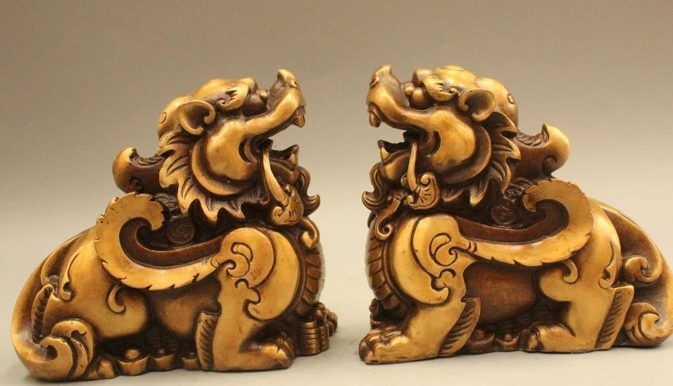6" Chinese Copper Kylin Beast Unicorn Pixiu Wealth Money Ru Yi Rich Statue Pair